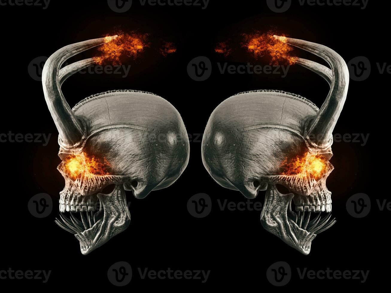 Demon skulls with big horns, flaming eyes - back to back photo