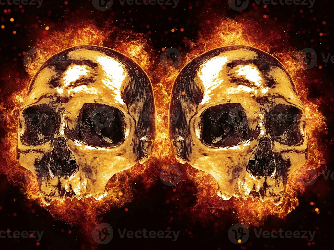 Two skulls side by side engulfed in flames photo