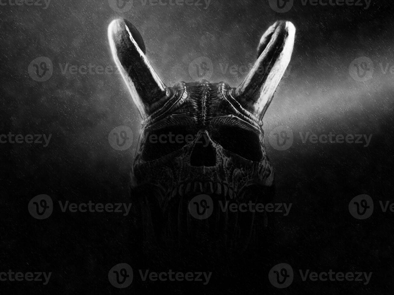 Demon skull in dark moody rain environment photo