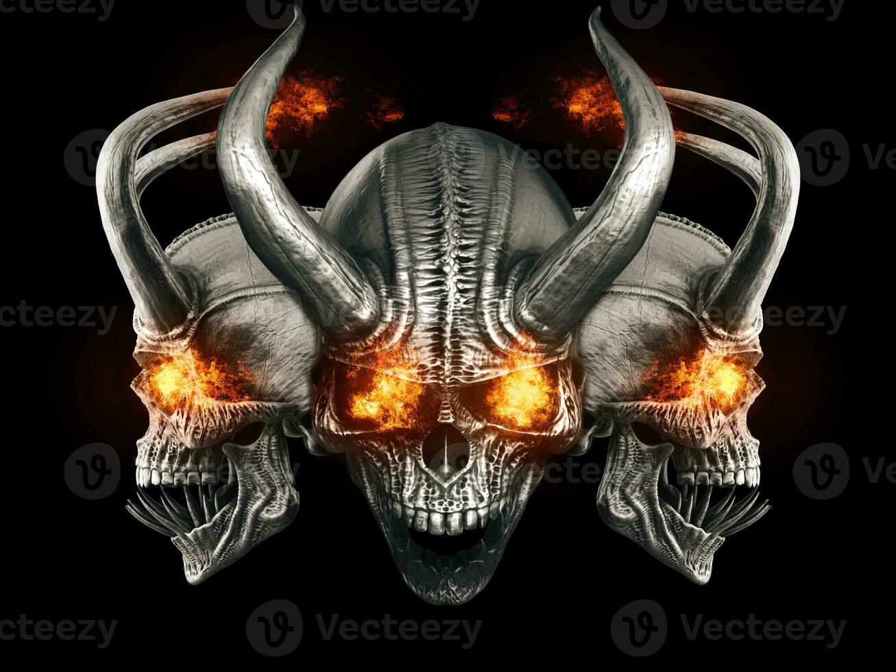 Heavy metal demon skulls with infernal flaming eyes photo