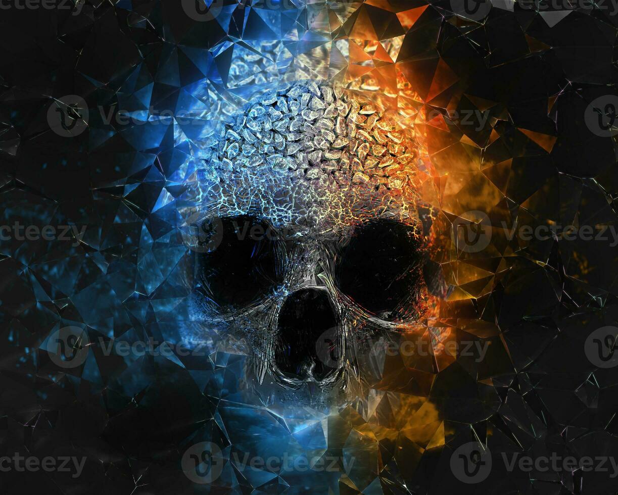 Skull made out of blue and yellow crystals - with broken glass background photo