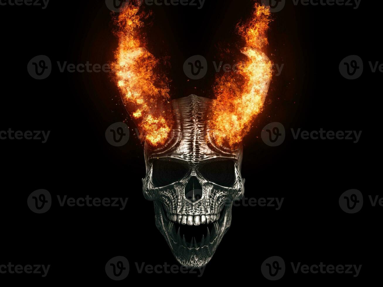 Demon skull with horns on fire - isolated on black background photo
