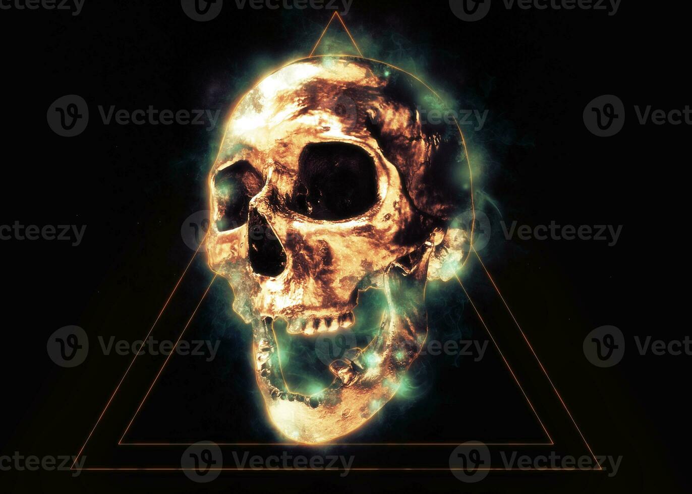 Bronze skull with glowing with green energy on dark background photo