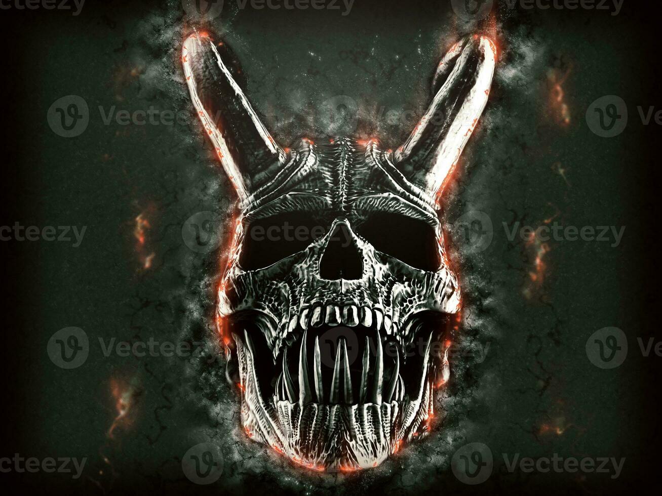 Demon skull with long sharp teeth - grunge type illustration photo