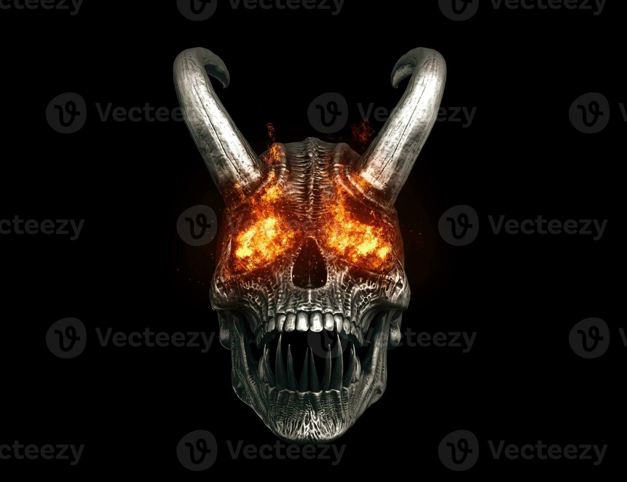 Screaming dark demon skull with sharp teeth and big horns and flaming eyes photo