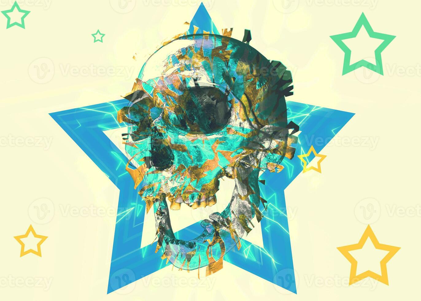 Laughing skull with missing teeth on abstract modern urban background with star decorations photo