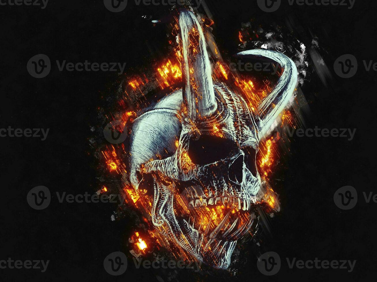 Grungy demon skull on fire with embers photo