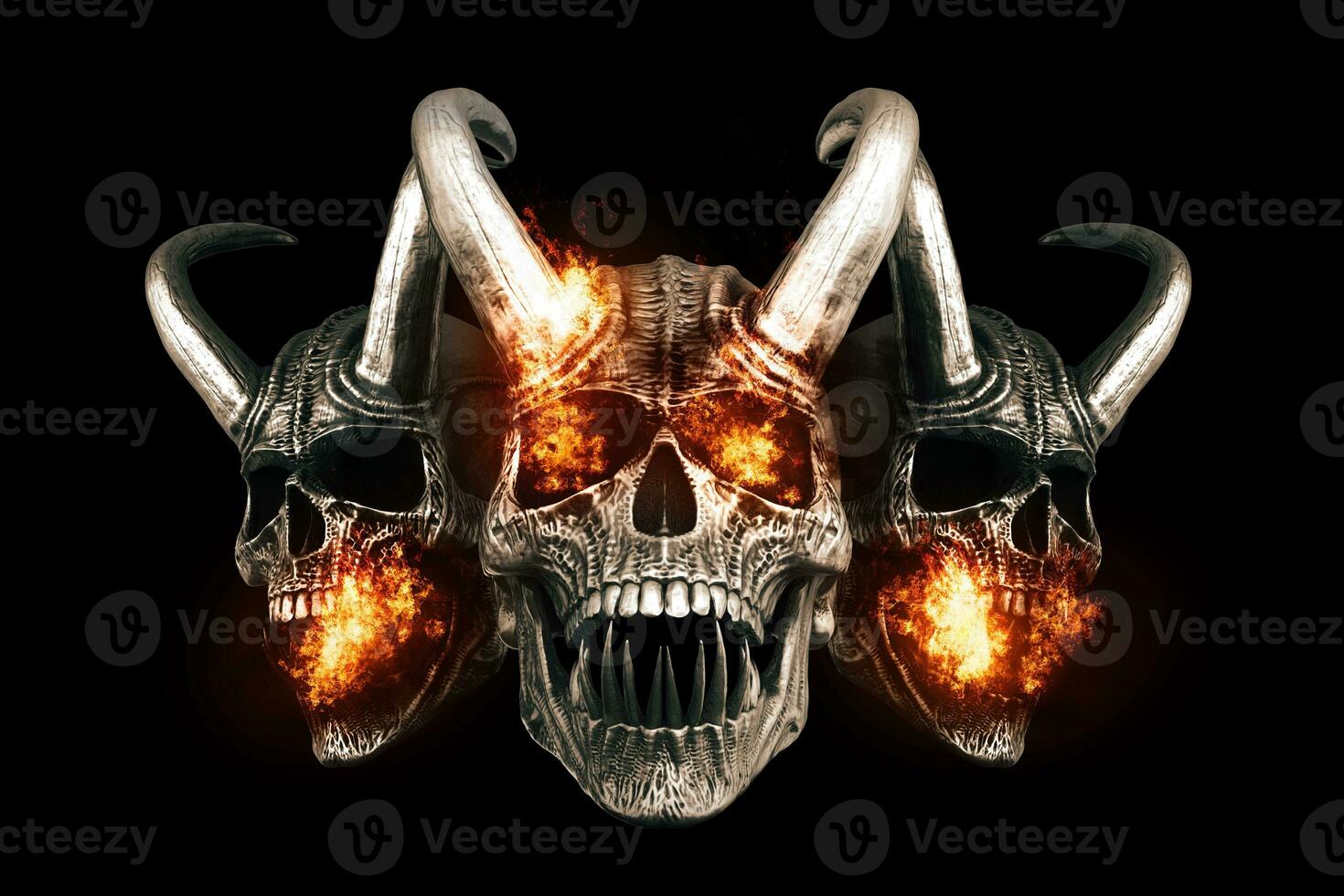 Three heavy metal demon skulls - flaming eyes and flaming screams photo