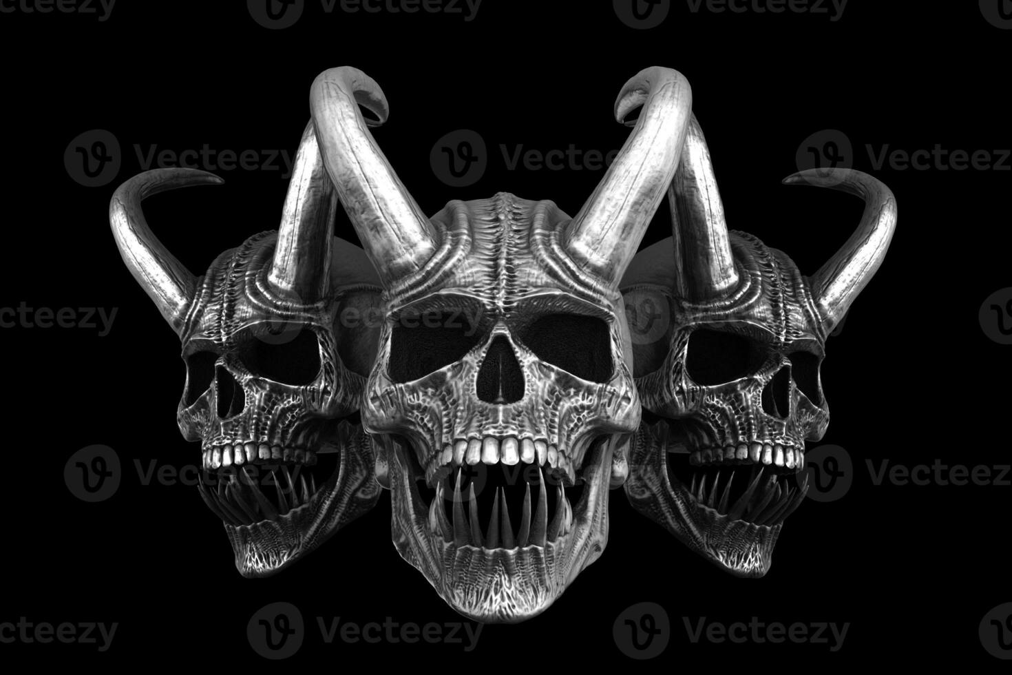 Tres pesado metal demonio calaveras con grande cuernos y agudo dientes foto