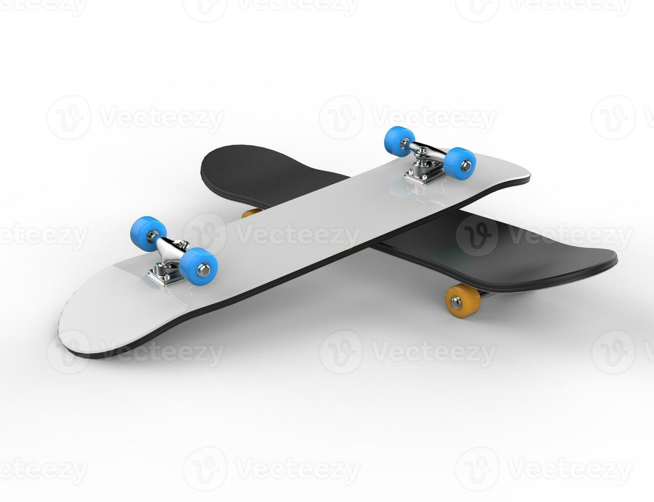 Two skateboards on top of each oter, on white background, ideal for digital and print design. photo