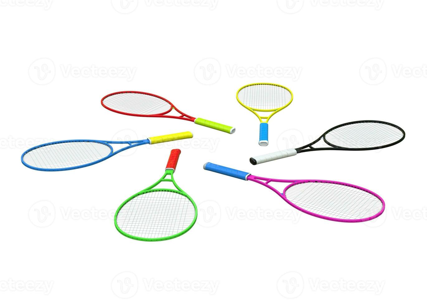 Colorful tennis racquets isolated on white photo