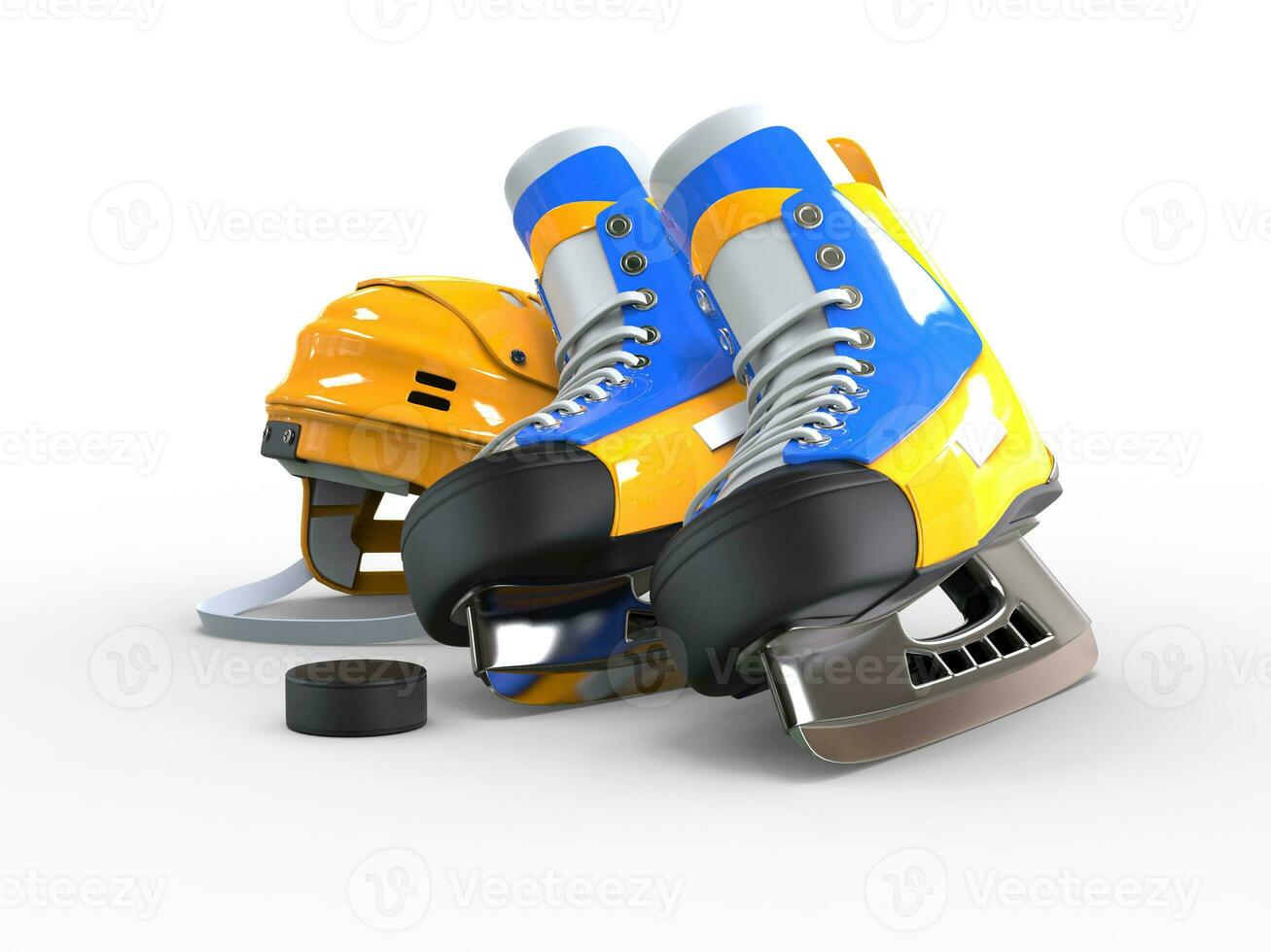 Yellow hockey equipment - skates with blue details and puck in front - isolated on white background photo