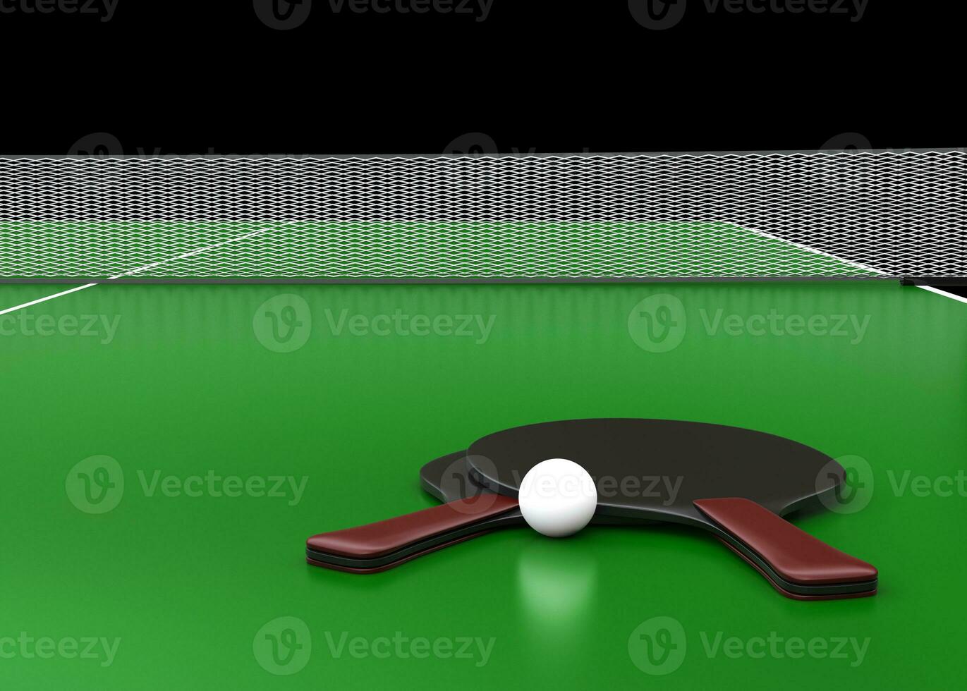 Ping pong rackets on the table - closeup shot - 3D render - on black background photo