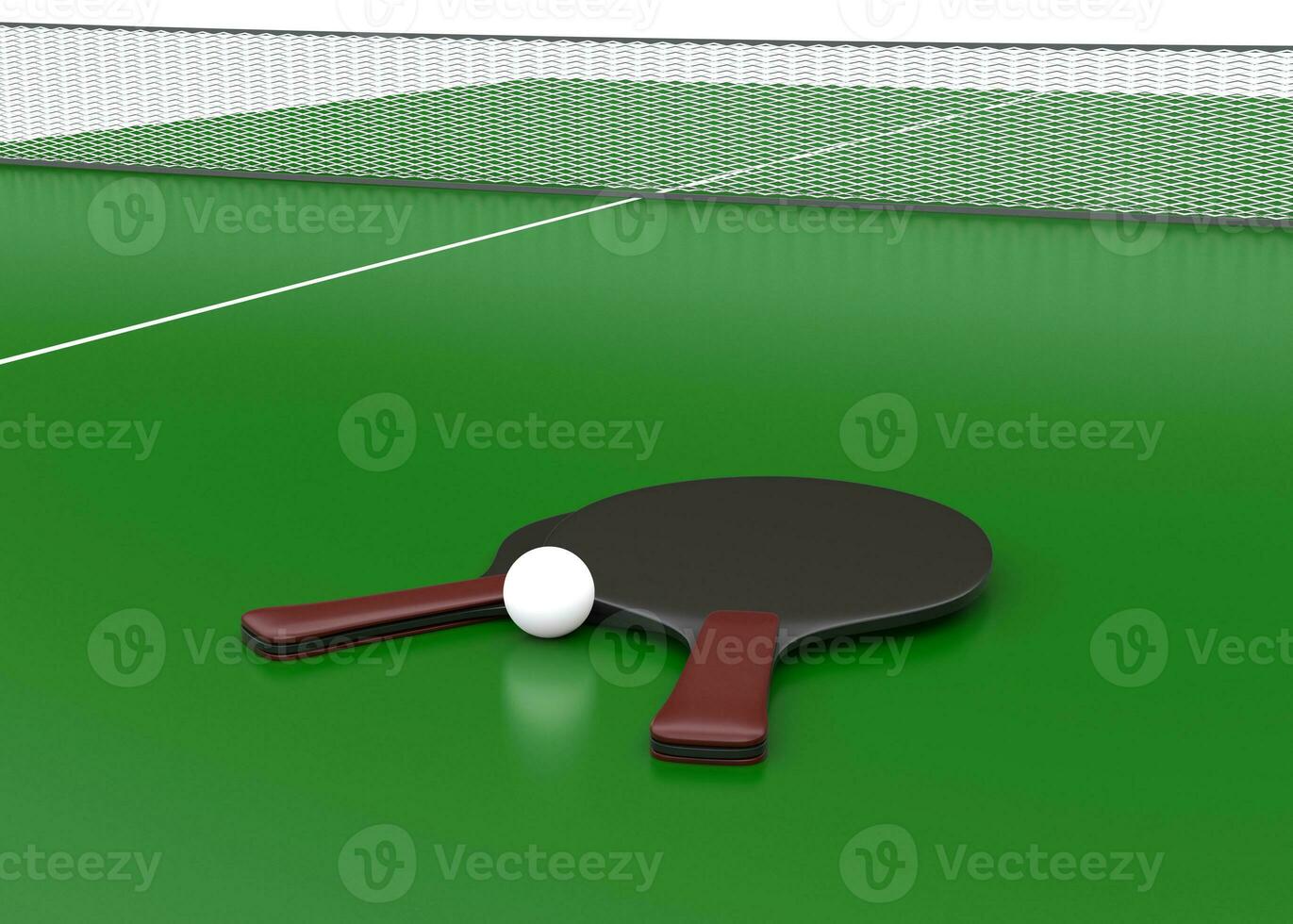 Table tennis rackets and ball on a ping pong table- 3D render photo