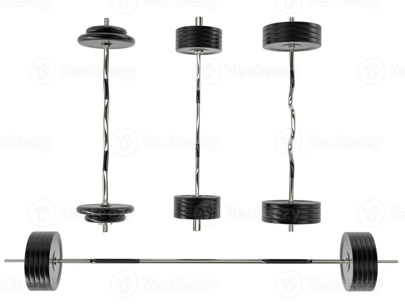 Various gym weights with different bars and weight plates - isolated on white background - 3D render photo