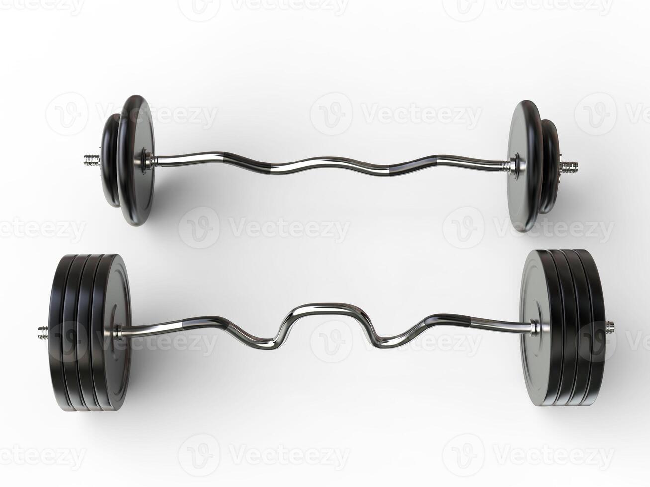 Barbell weights with curved and EZ bars and with standard and olympic weight plates - isolated on white background - 3D render photo