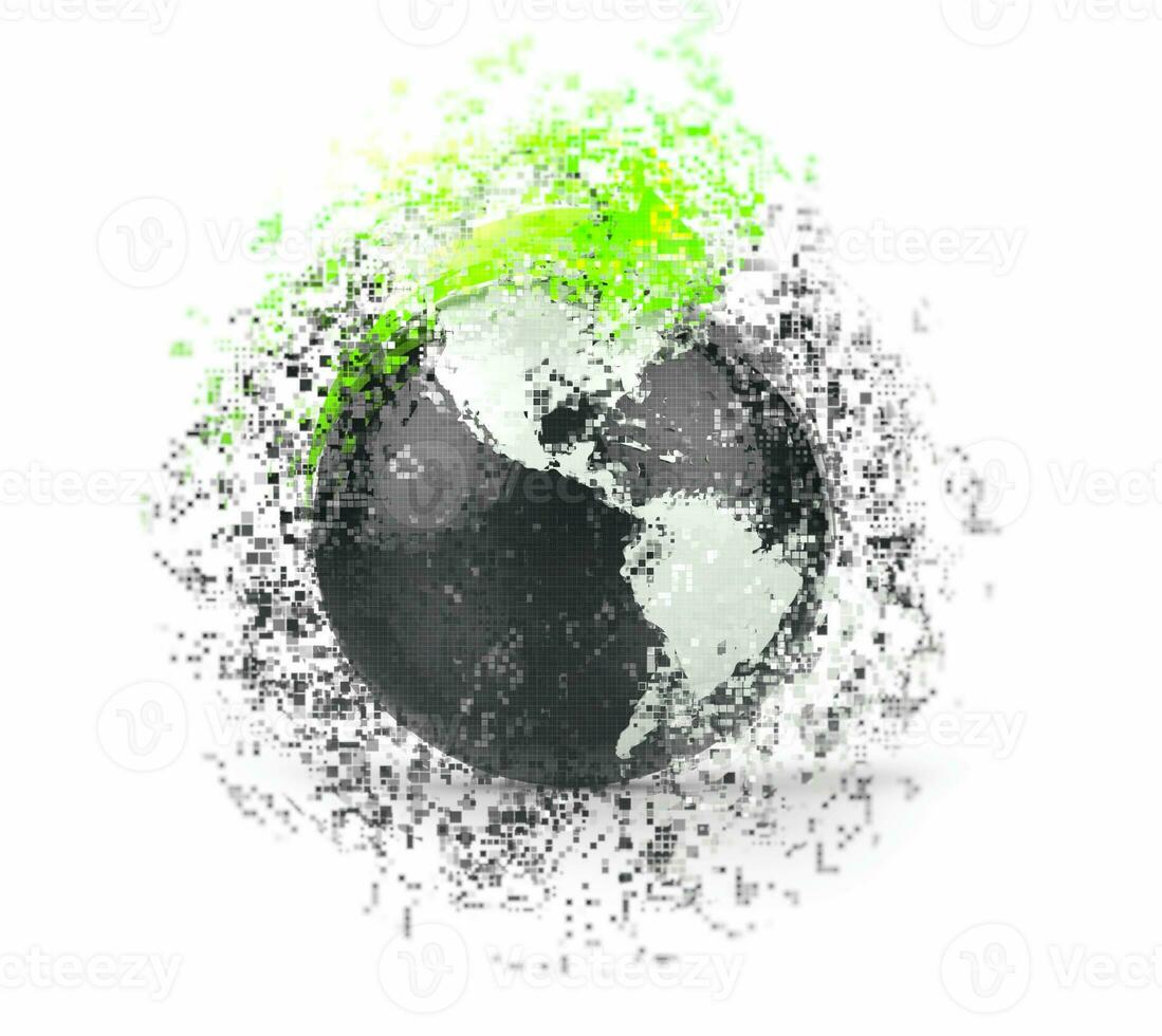 Black world globe - pixel explosion photo