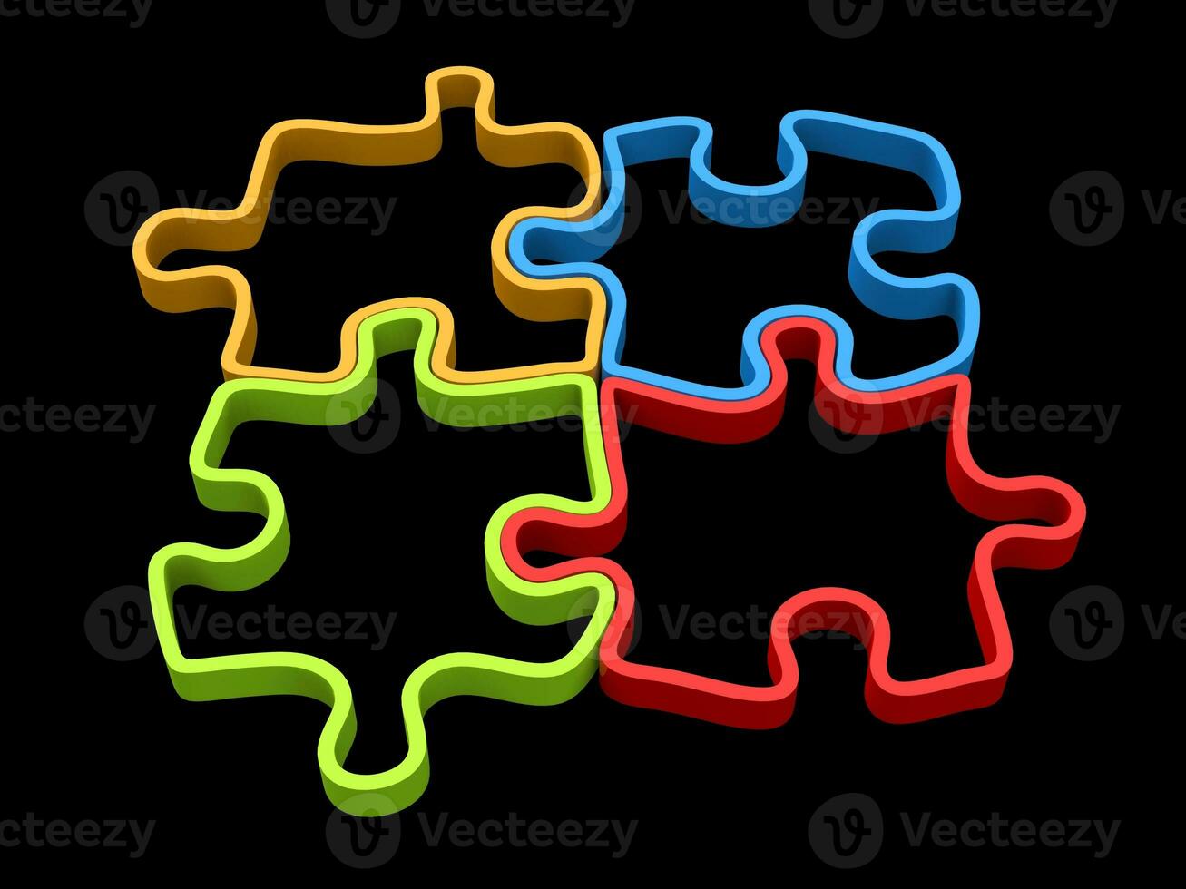 Four piece puzzle in red, blue, green and yellow - 3D outlines photo