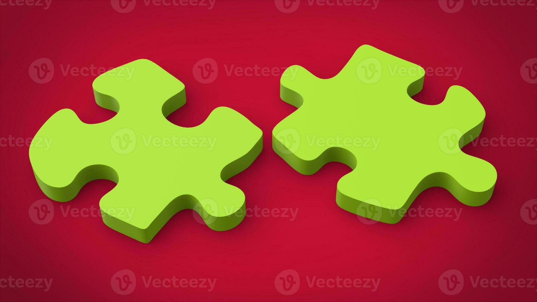 Two separated puzzle pieces - green on red photo