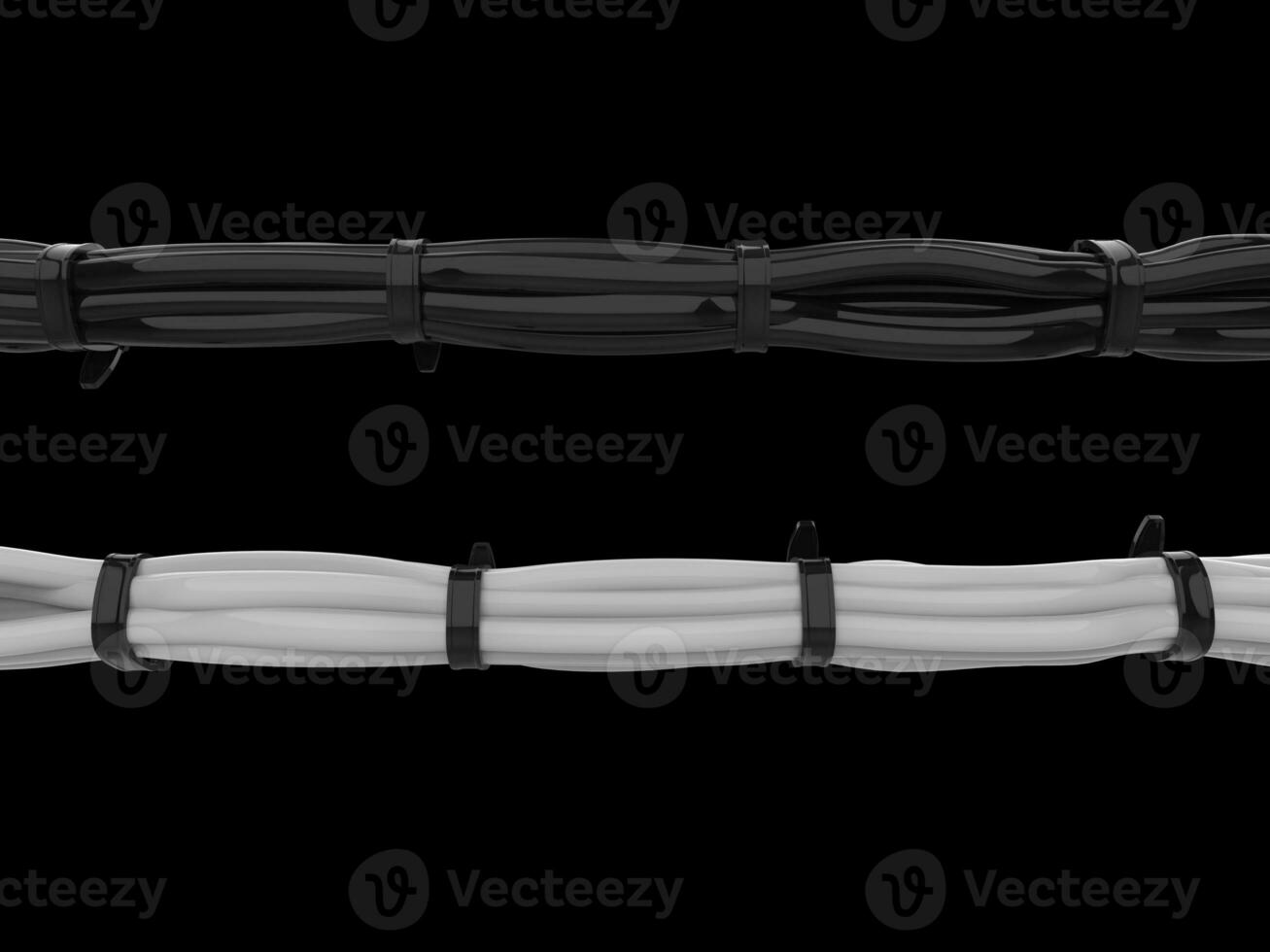 Bucnh of black and white cables tightly tied together with zipties photo