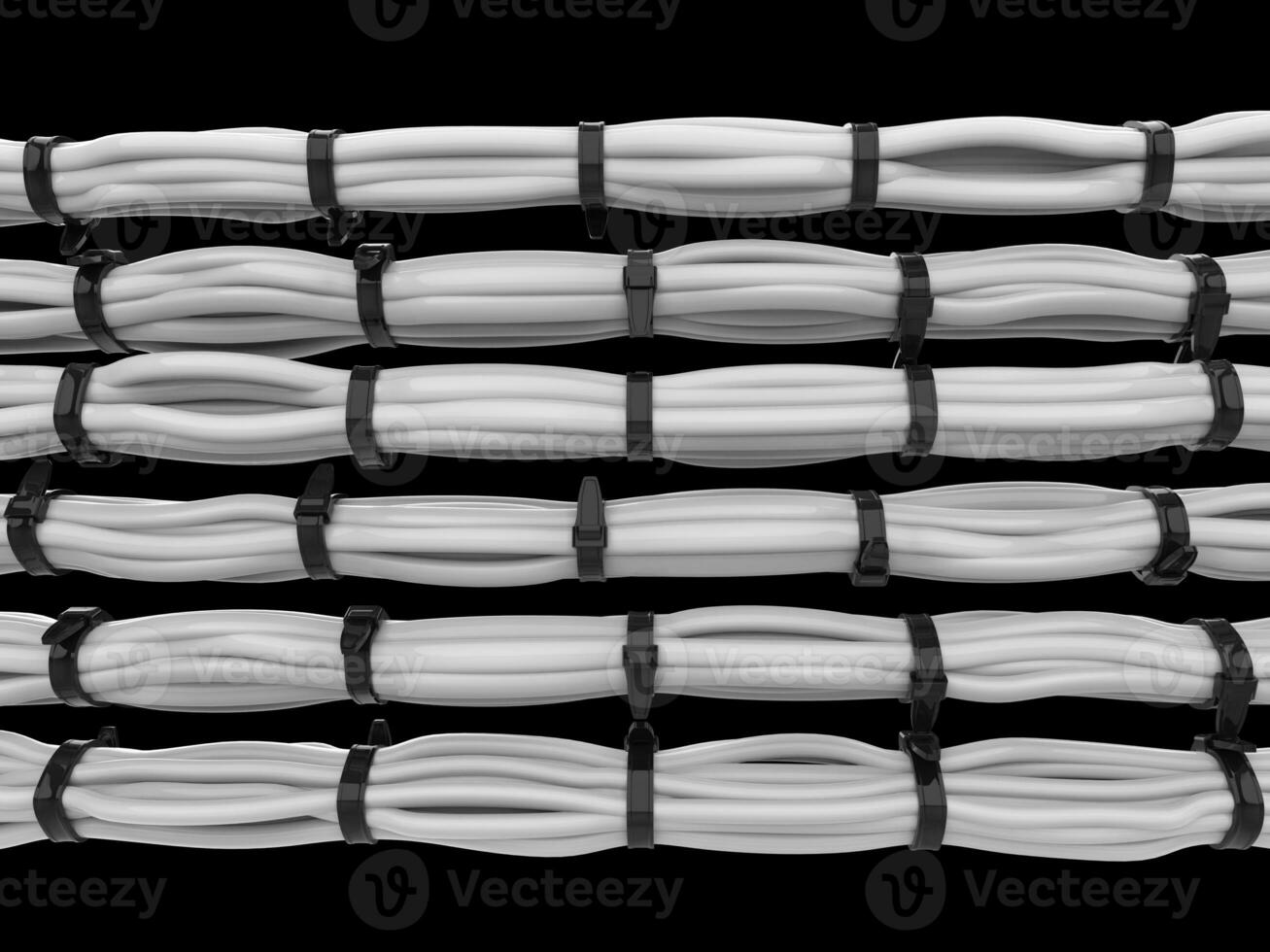 Whole bunh of white cables tied together with black zipties photo