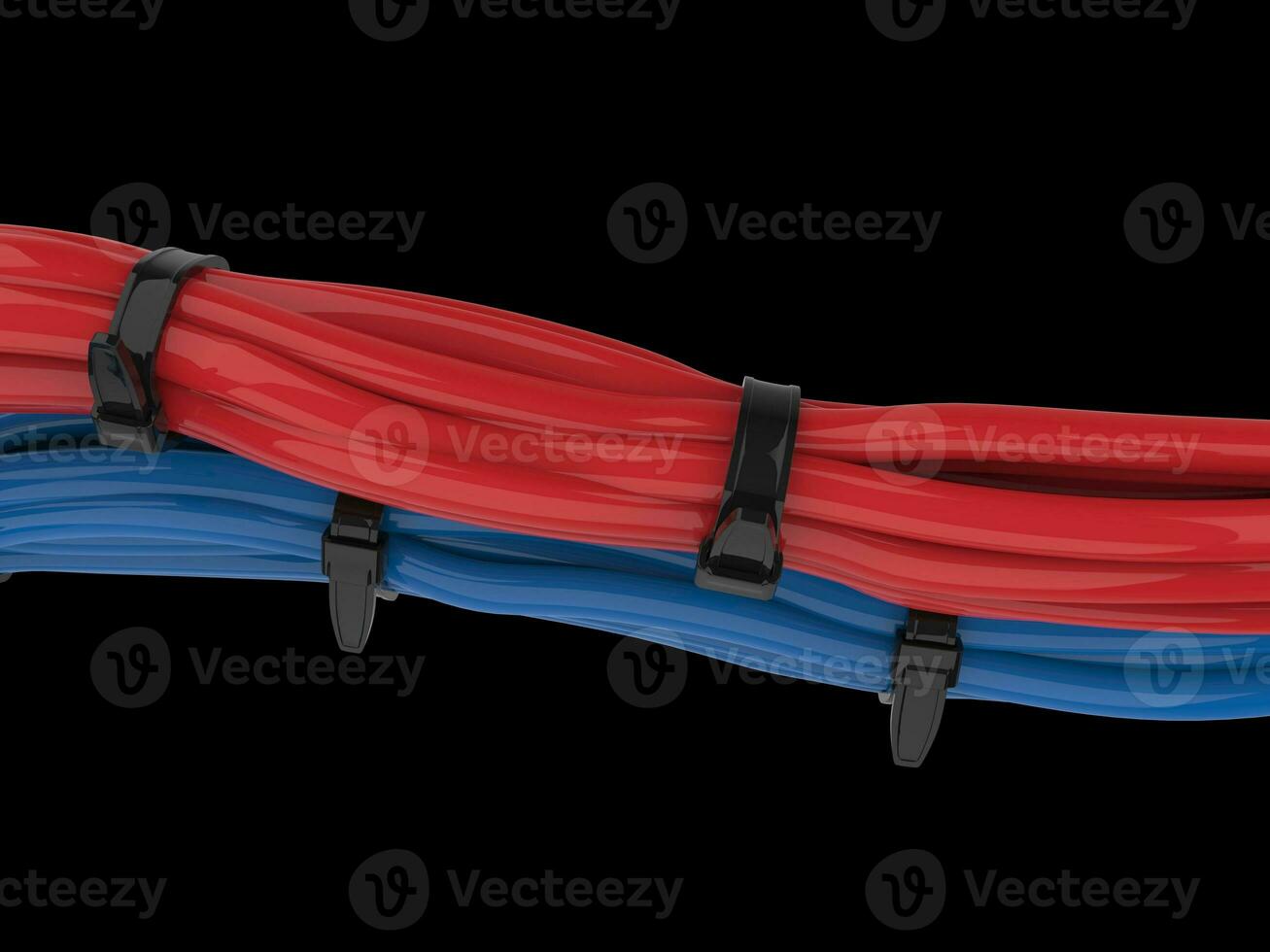 Bunch of red and blue cables tied together with zipties photo