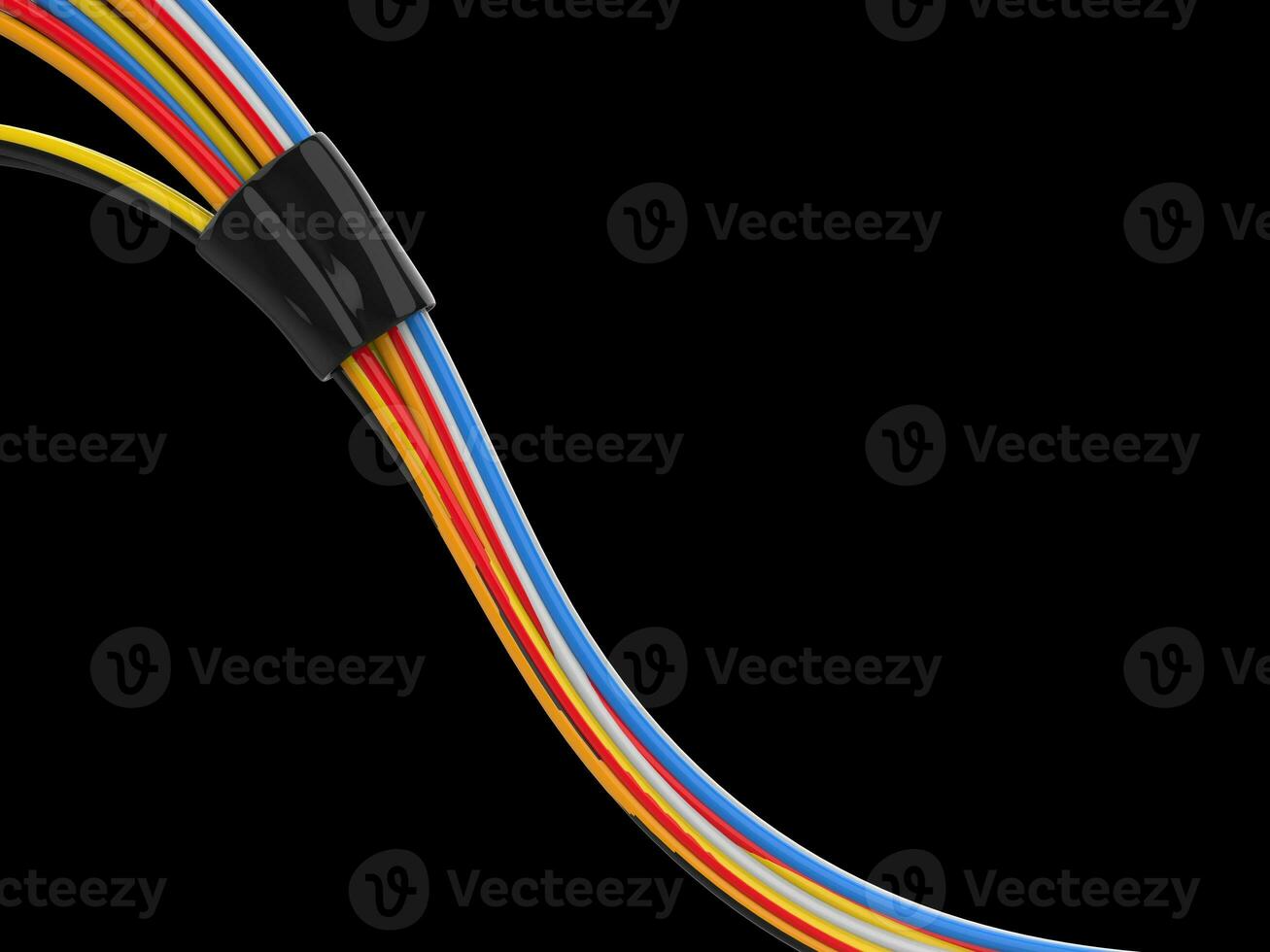 Bunch of colorful cables held together with tight black rubber band photo