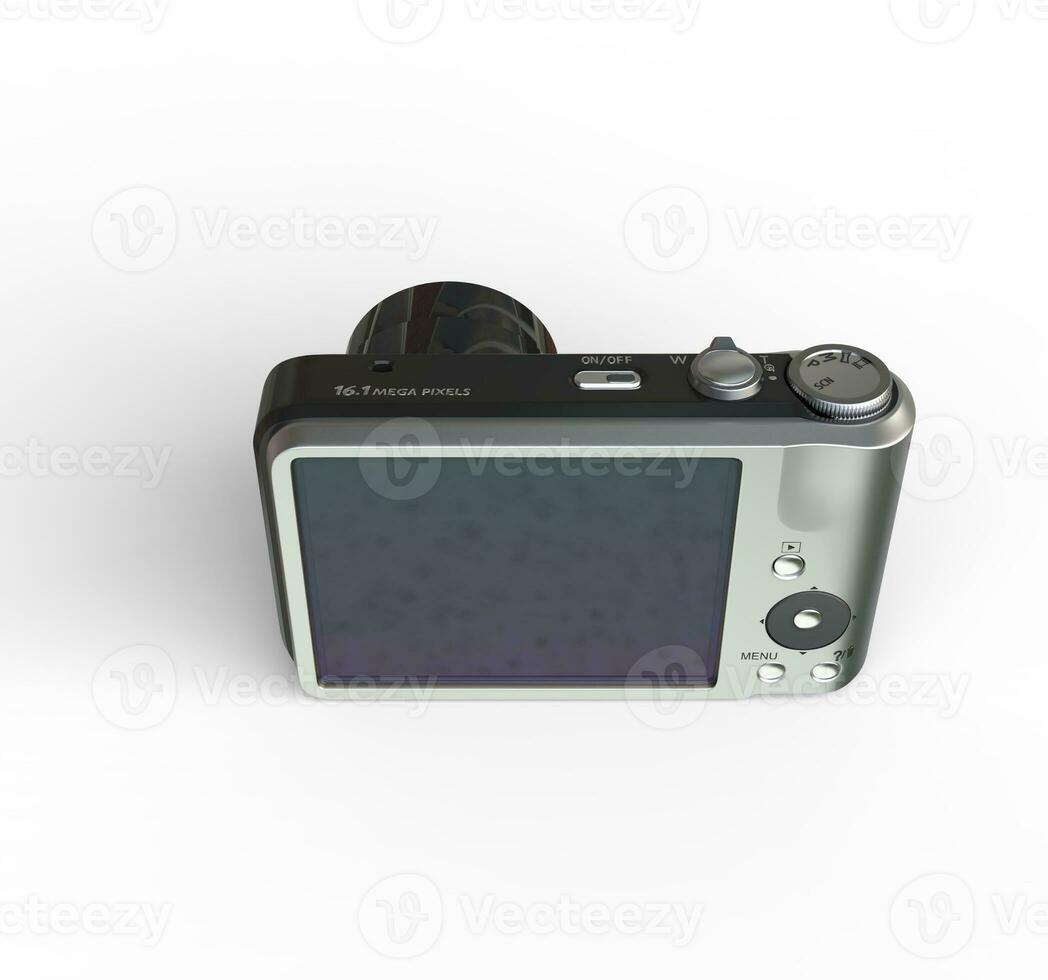 Small silver camera on white background - top back view, ideal for digital and print design. photo