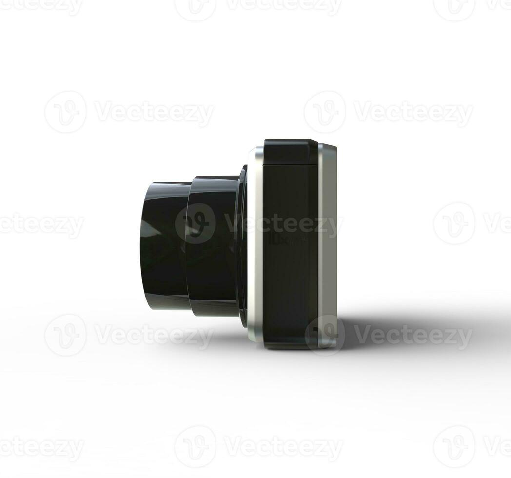 Small silver camera on white background - side view, ideal for digital and print design. photo