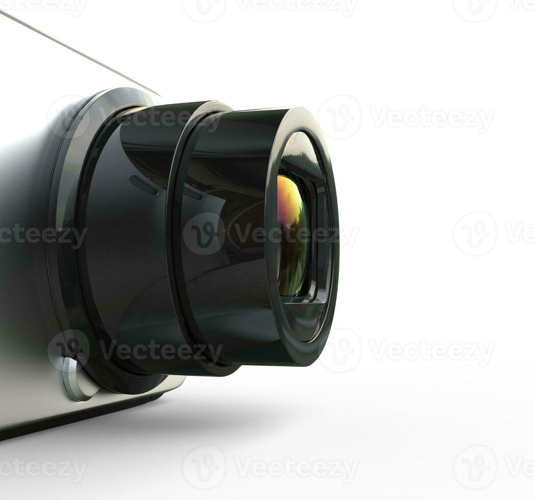 Small silver camera on white background - close up of the lens, ideal for digital and print design. photo