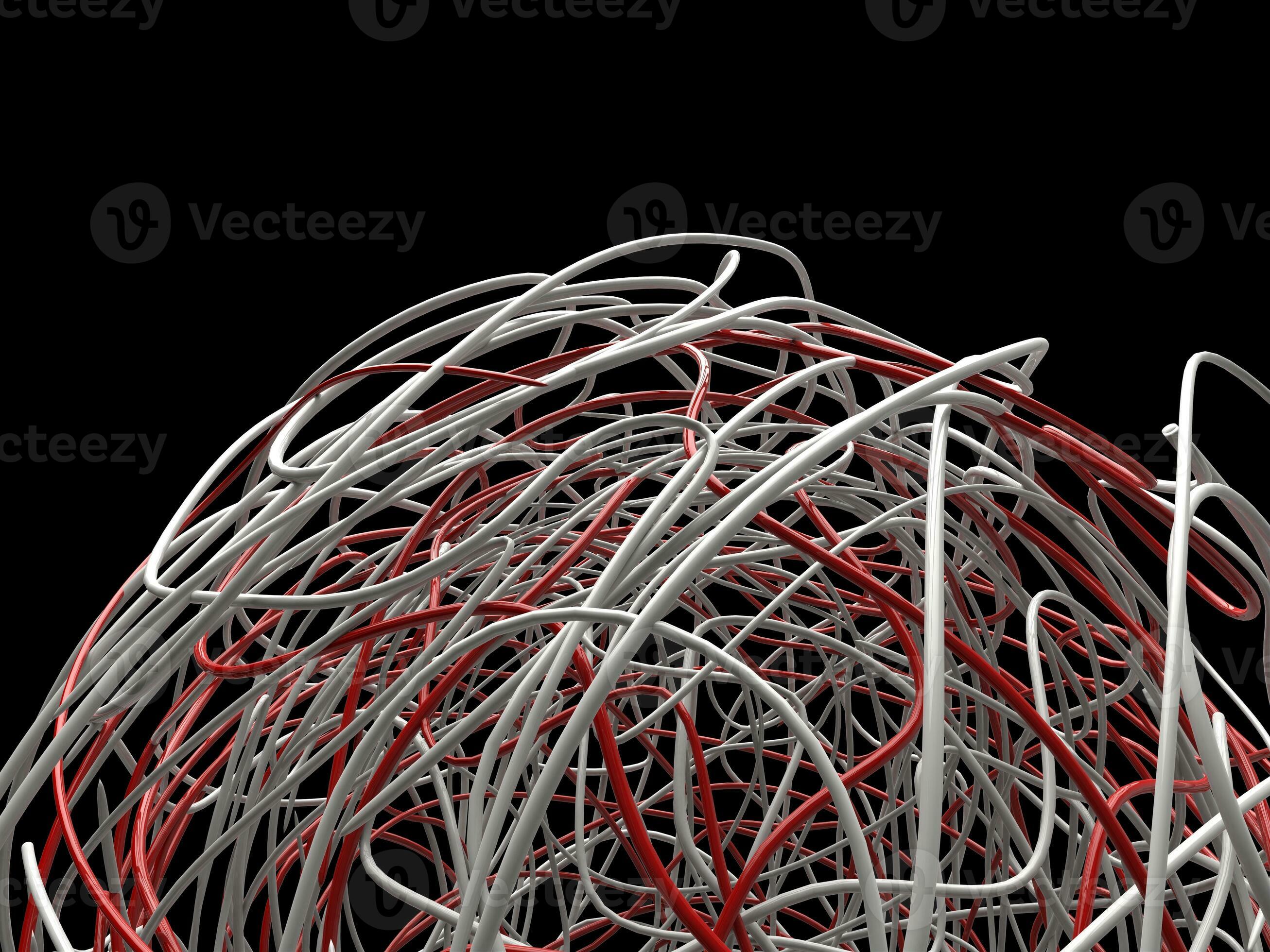Ball of red and white wires all entangled and entwined with each other