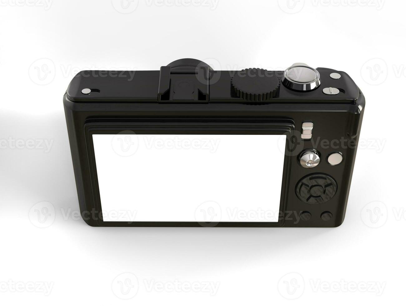 Black modern compact digital photo camera - back top view