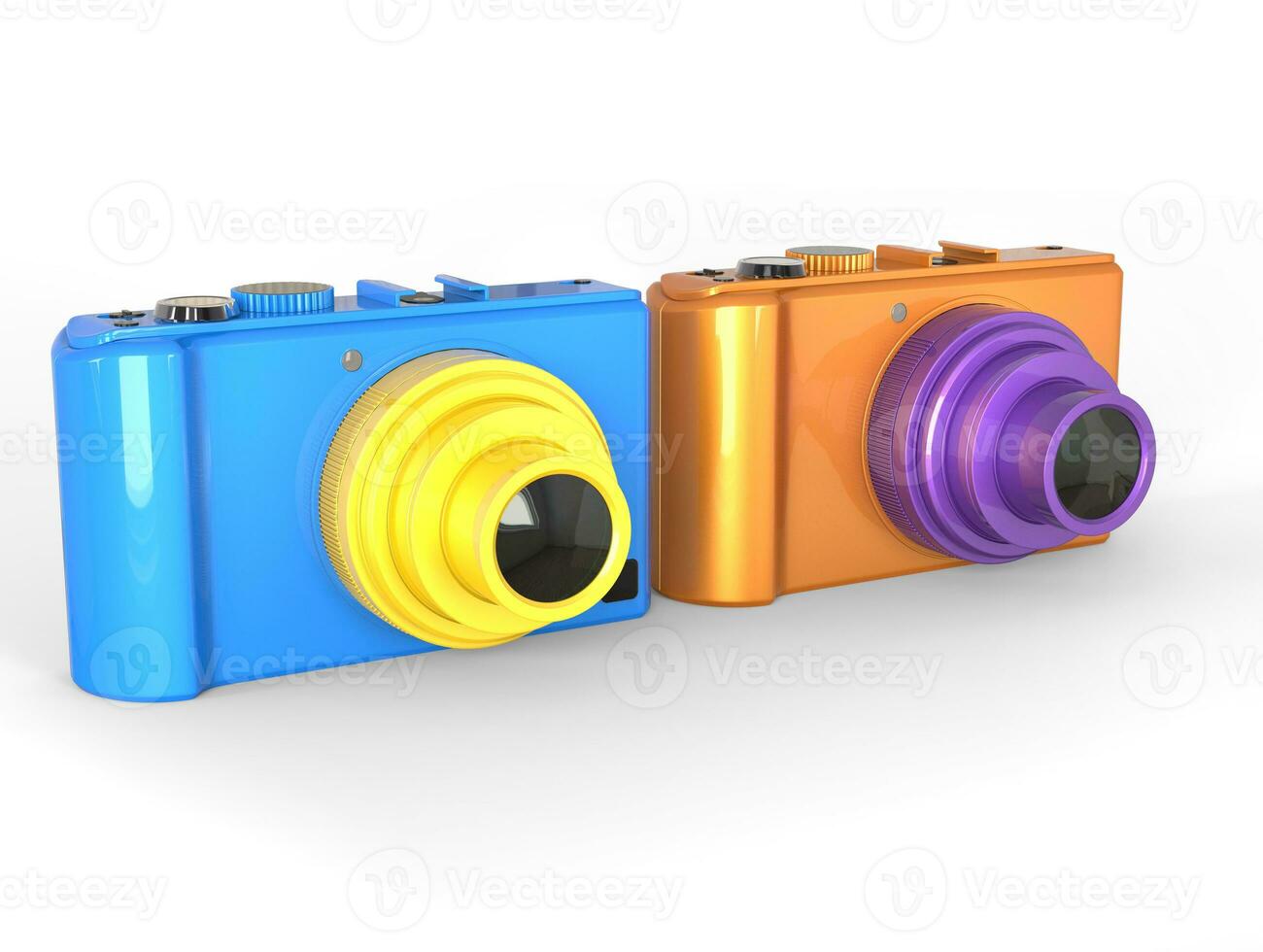 Blue and orange compact digital photo cameras