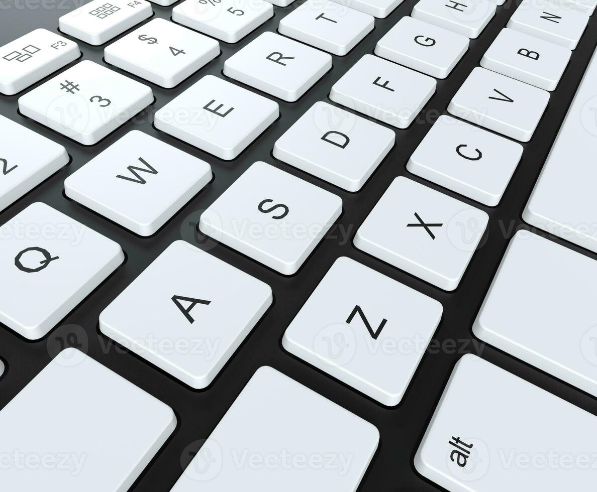 Black keyboard with white keys, closeup shot. photo