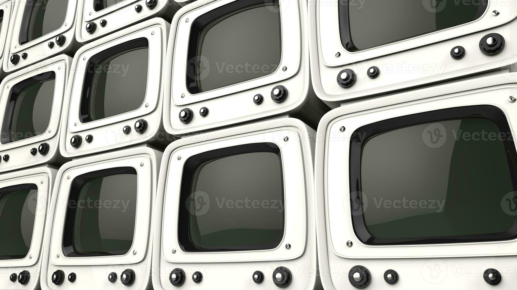 Wall of vintage style white TVs photo