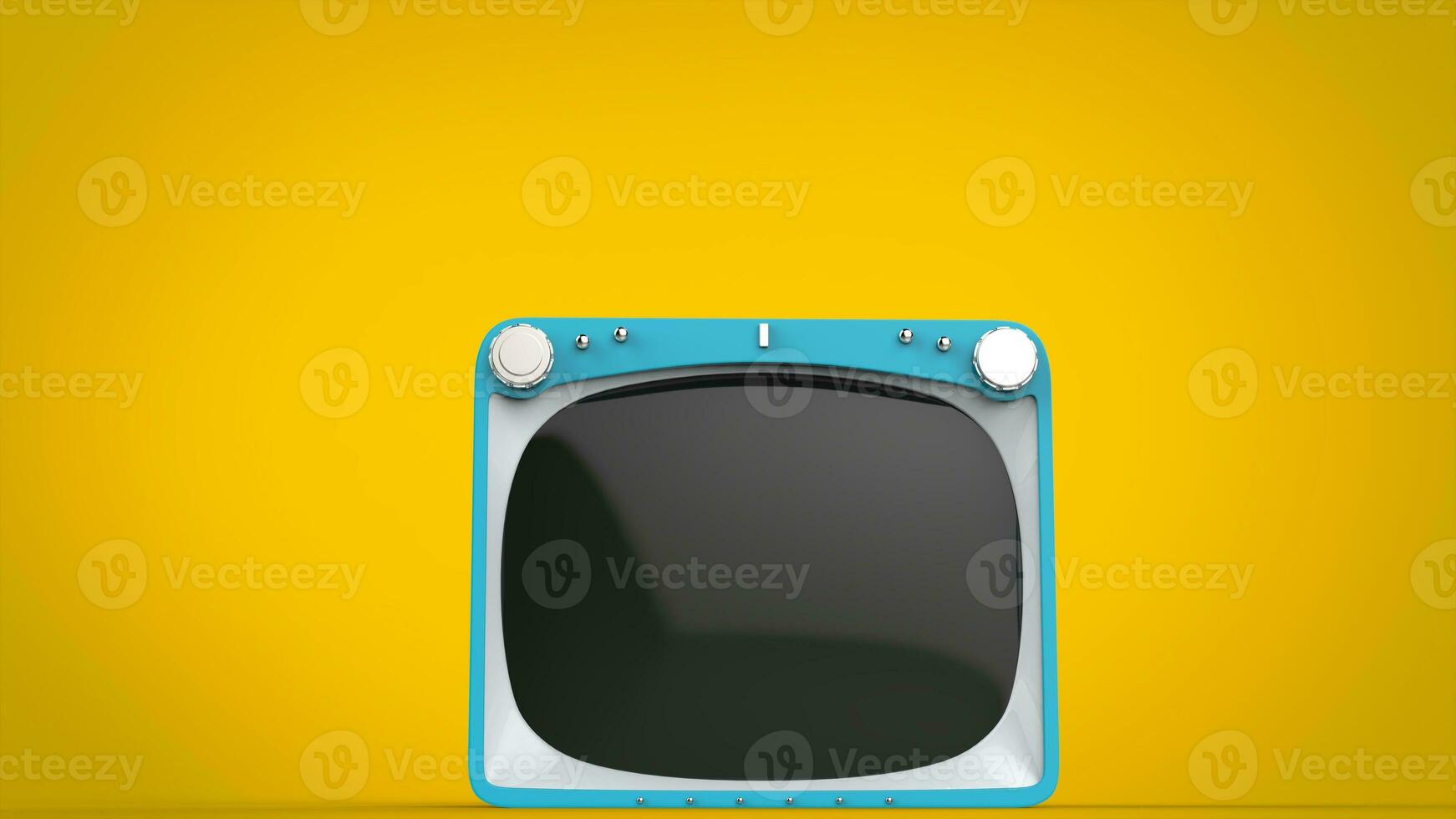 Pale blue retro style TV set on yellow background - front view photo