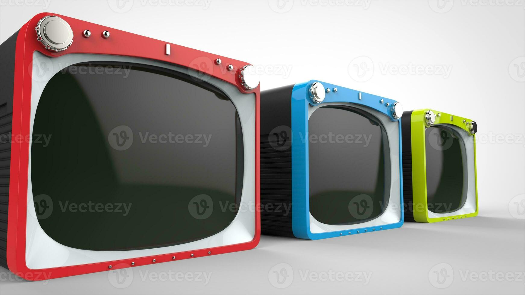 Black retro TV sets with red, blue and green fronts - closeup shot photo