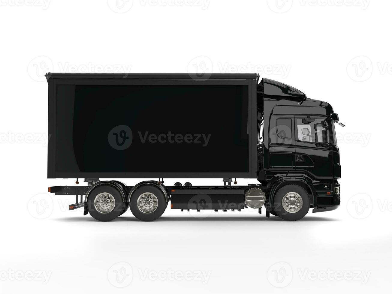 Modern black heavy transport trucks with black trailer photo