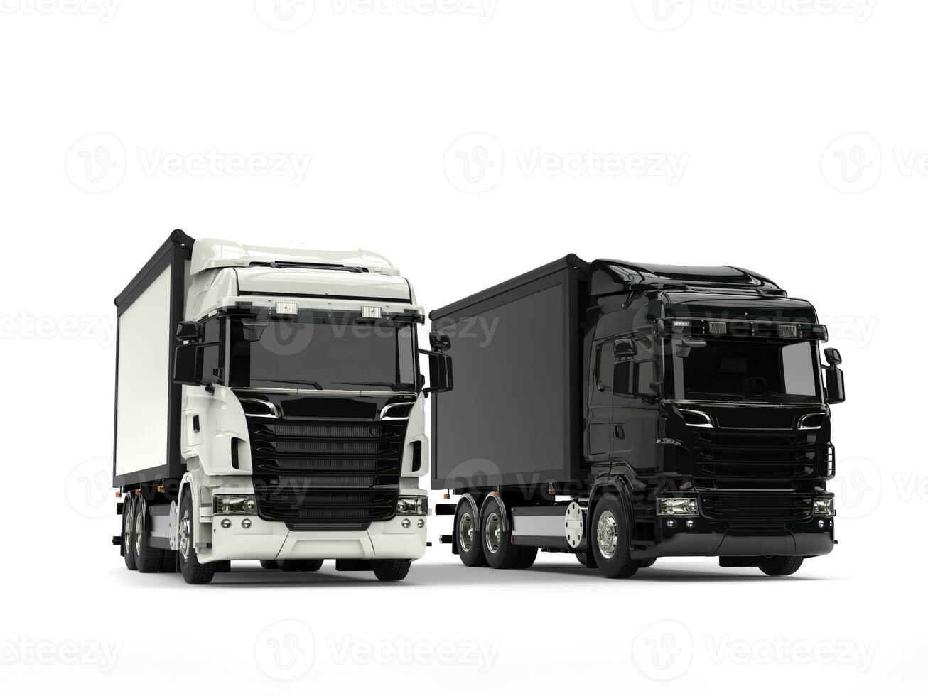 Black and white modern heavy transport trucks - beauty shot photo