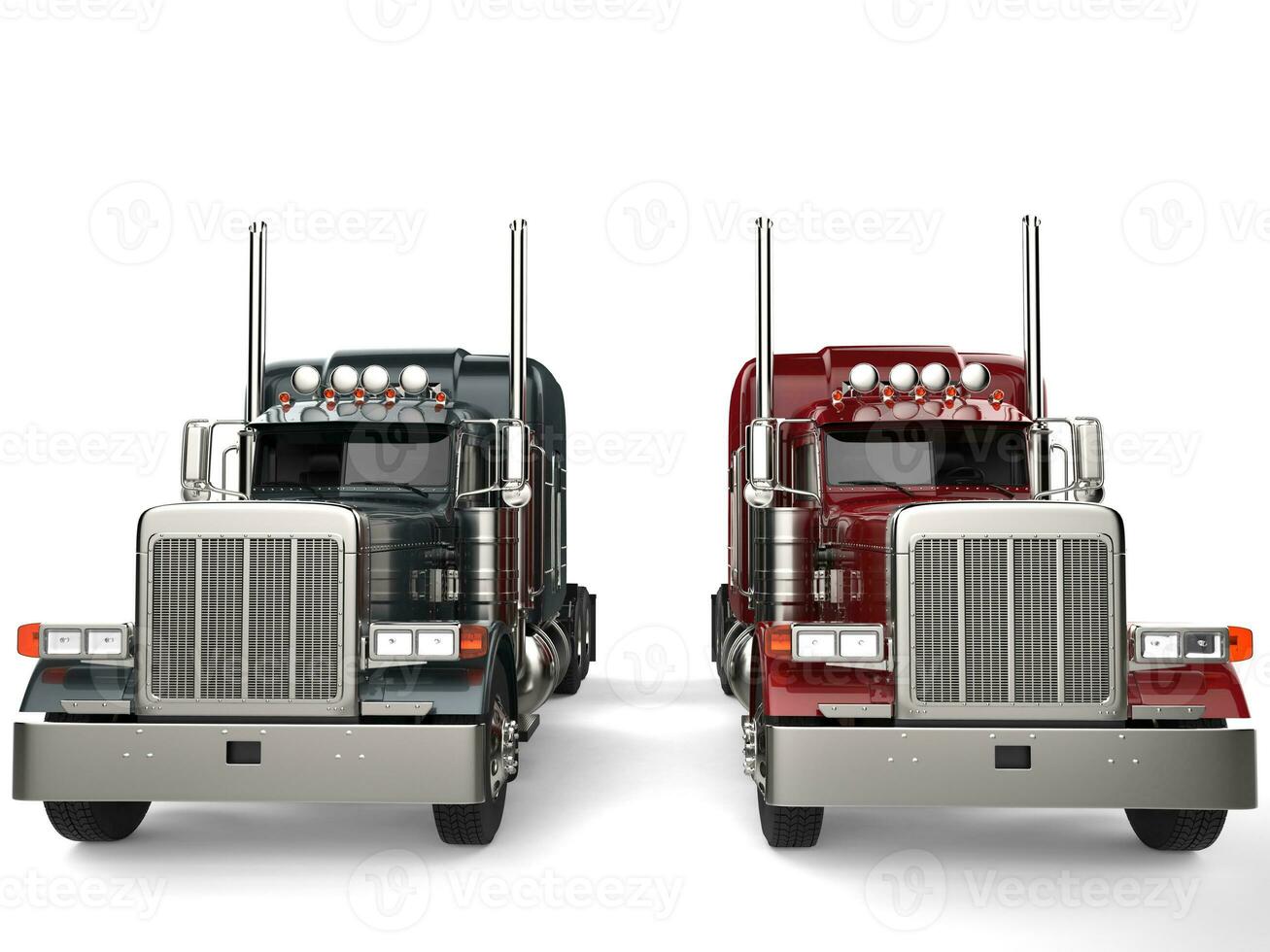 Classic eighteen wheeler trucks in metallic gray and red colors - front view photo
