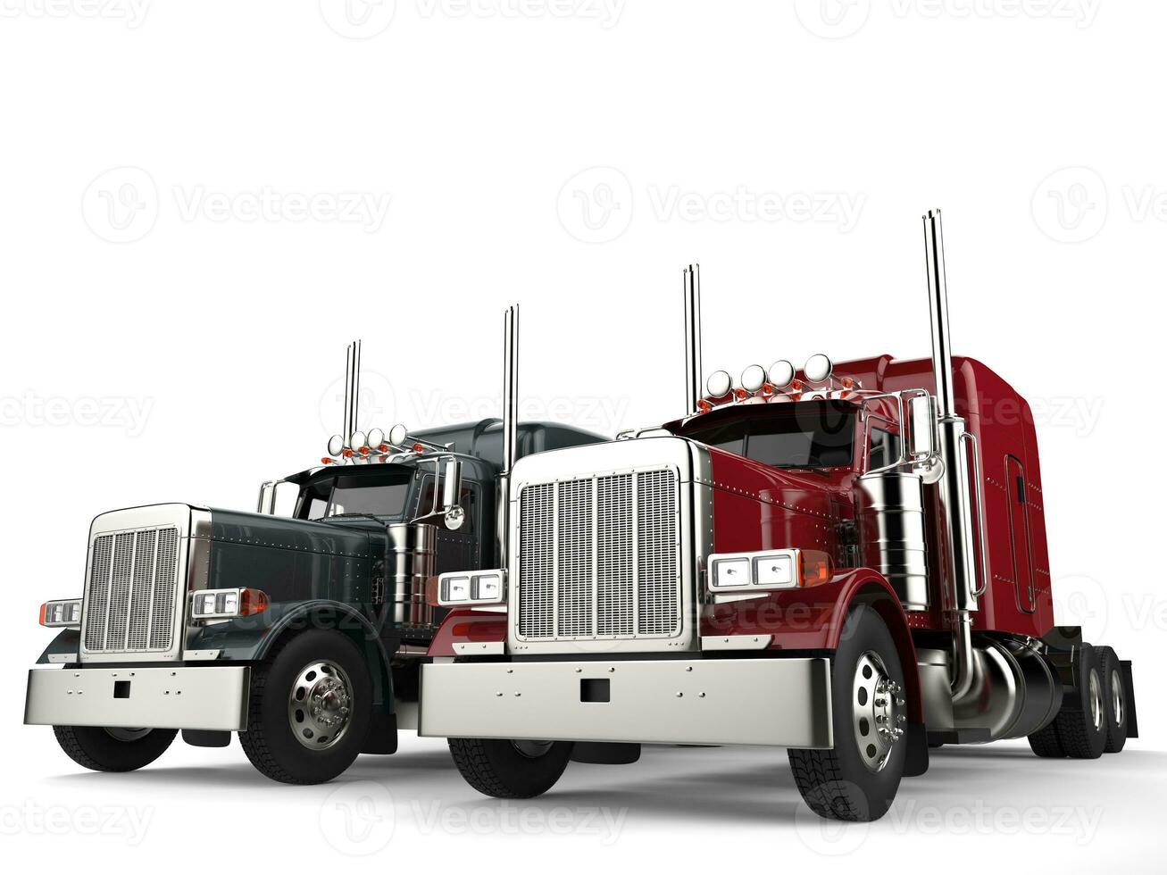 Classic eighteen wheeler trucks in metallic gray and red colors photo