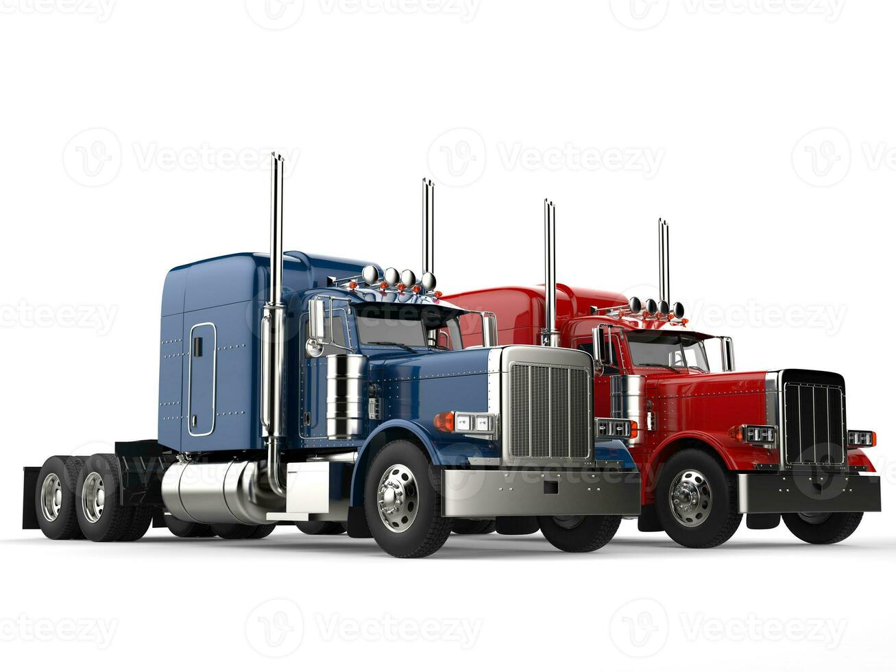 Red and blue big modern semi - trailer trucks - side by side photo