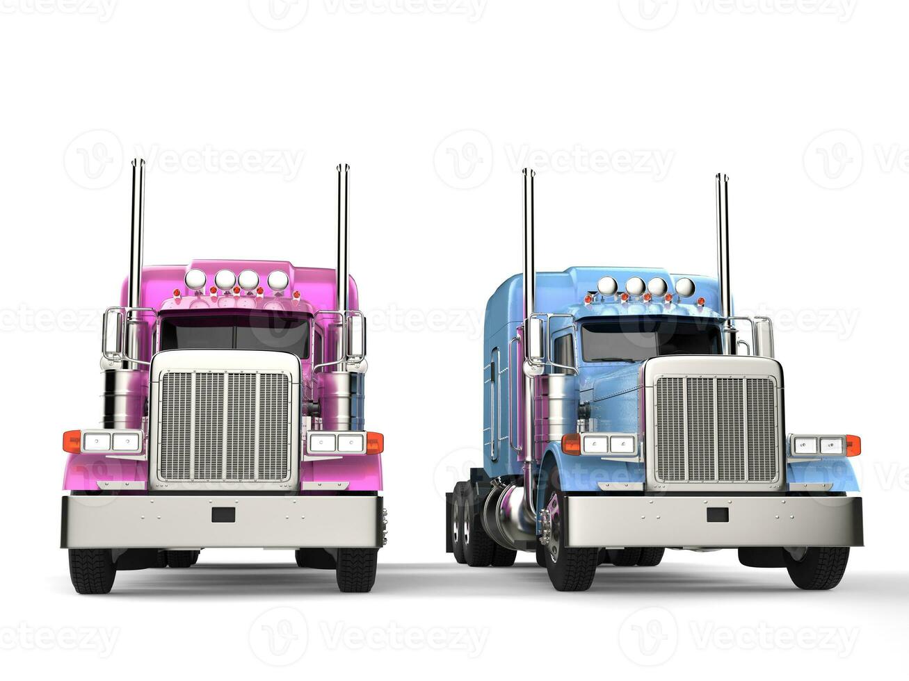 Pink and blue modern big semi - trailer trucks - side by side photo