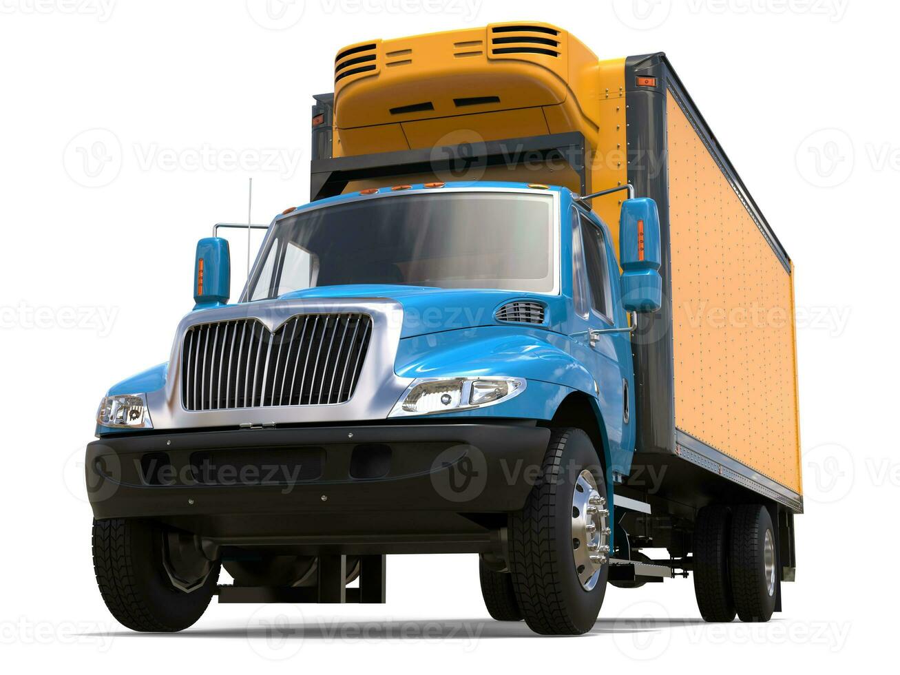 Blue and yellow refrigerator truck - low angle shot photo