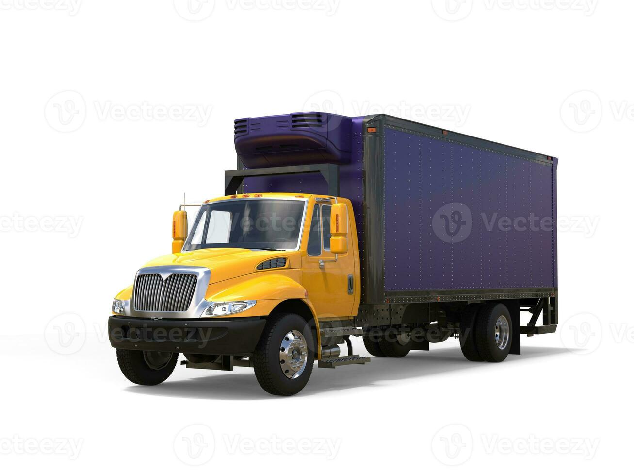 Yellow and purple refrigerator truck photo