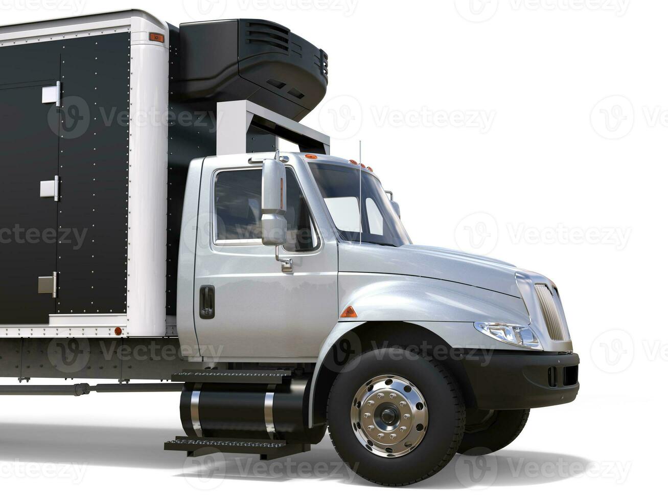 Silver refrigerator truck - front closeup cut shot photo