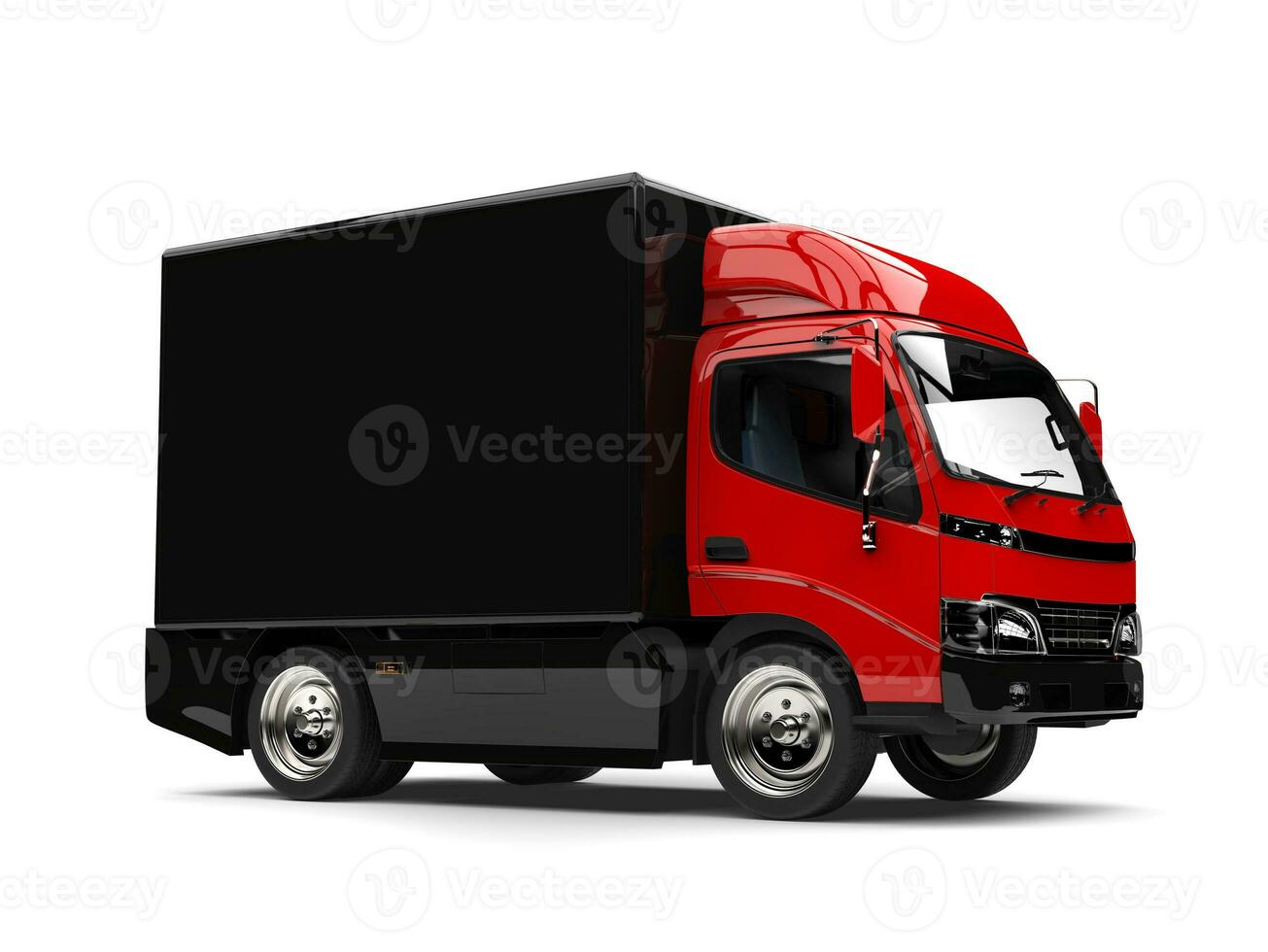 Red box truck with black trailer photo
