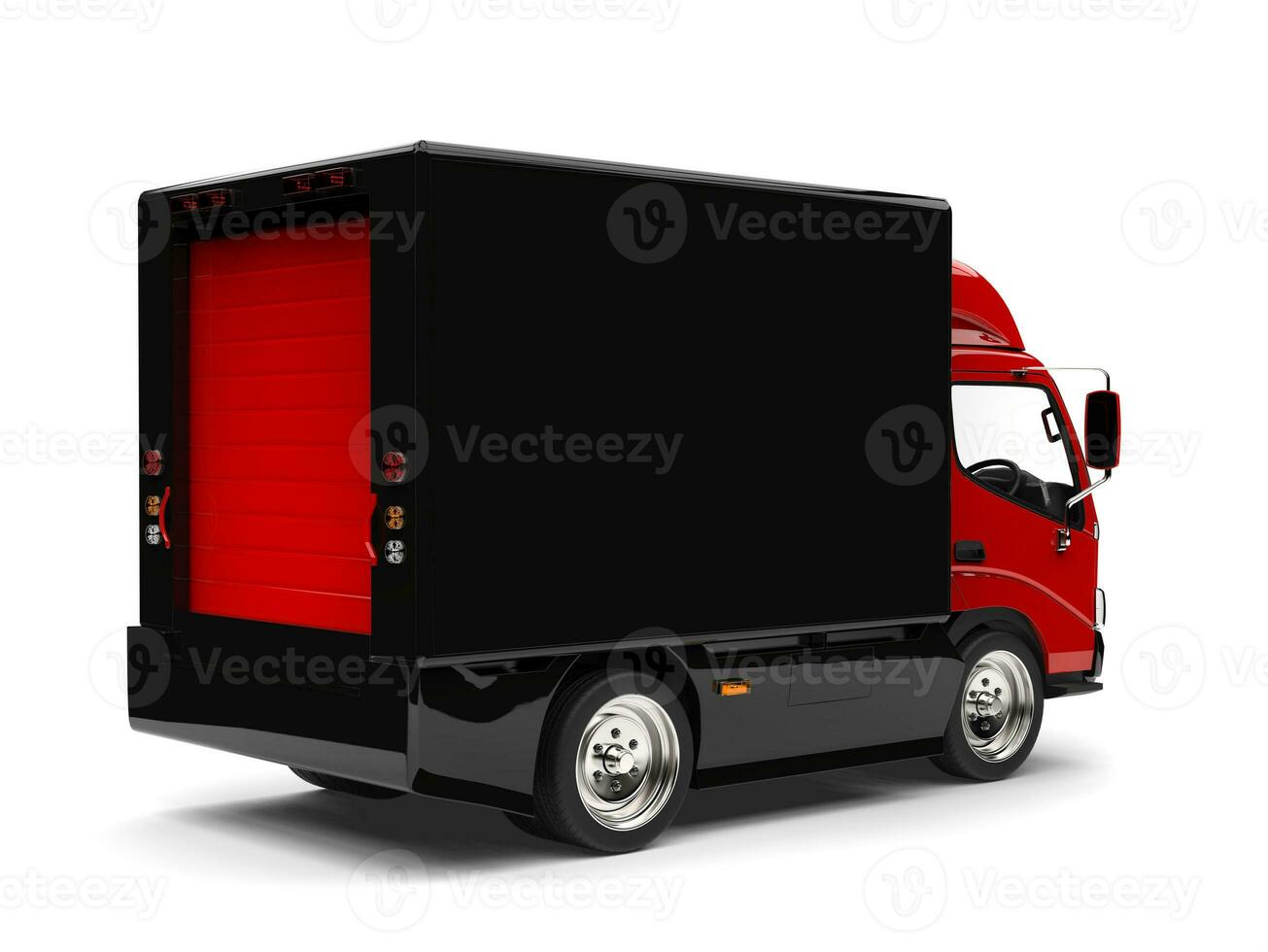 Red box truck with black trailer - rear view photo