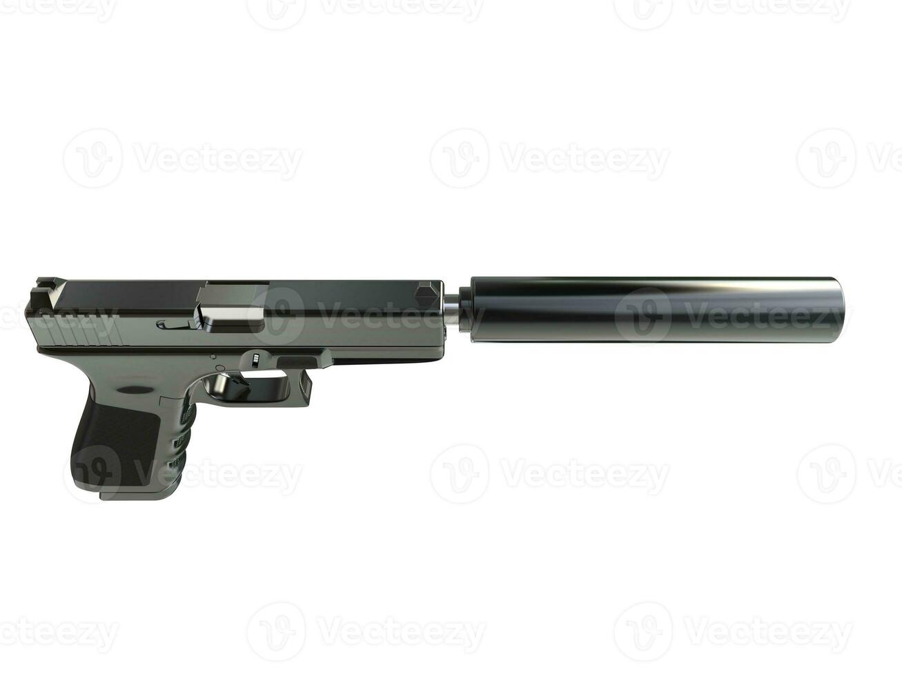 Semi - automatic modern tactical handgun with silencer - top down view photo