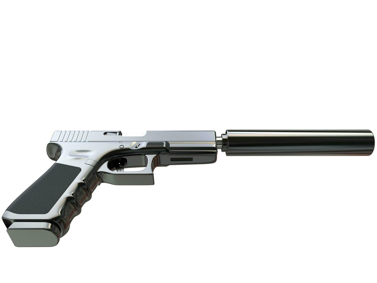 Semi - automatic modern tactical handgun with silencer - black chrome - top down view photo